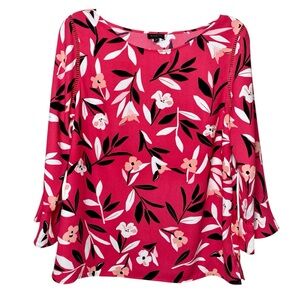 Talbots Hot Pink and White Floral Print Scoop Neck 3/4 Sleeve Office Blouse